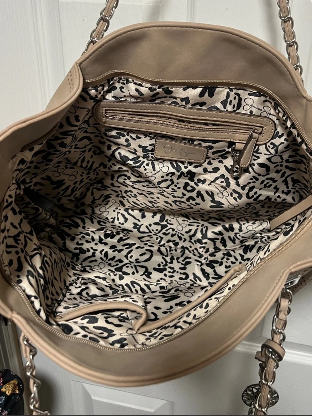 Jessica Simpson Sunny Laser-Cut Tote Bag Beige Taupe Studded Chain Strap